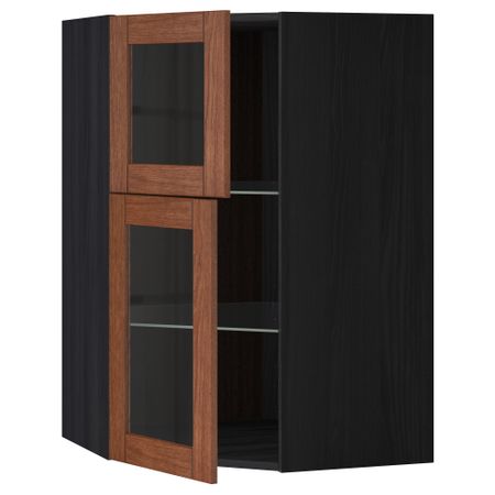 Угловой навесной шкаф + полки, 2 стеклянные дверцы МЕТОД, черный, Филипстад коричневый (68x100 см)