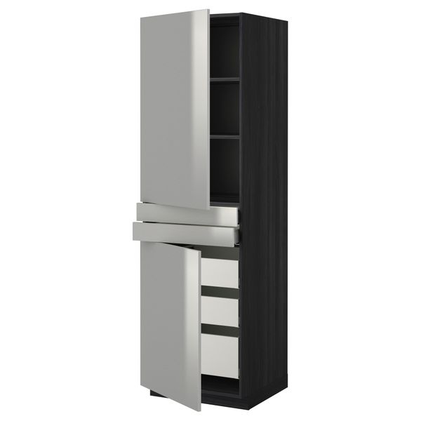 Высокий шкаф + полки, 5 ящиков, 2 дверцы, 2 фронтальных МЕТОД / МАКСИМЕРА, черный, Гревста нержавеющ сталь - фото 1