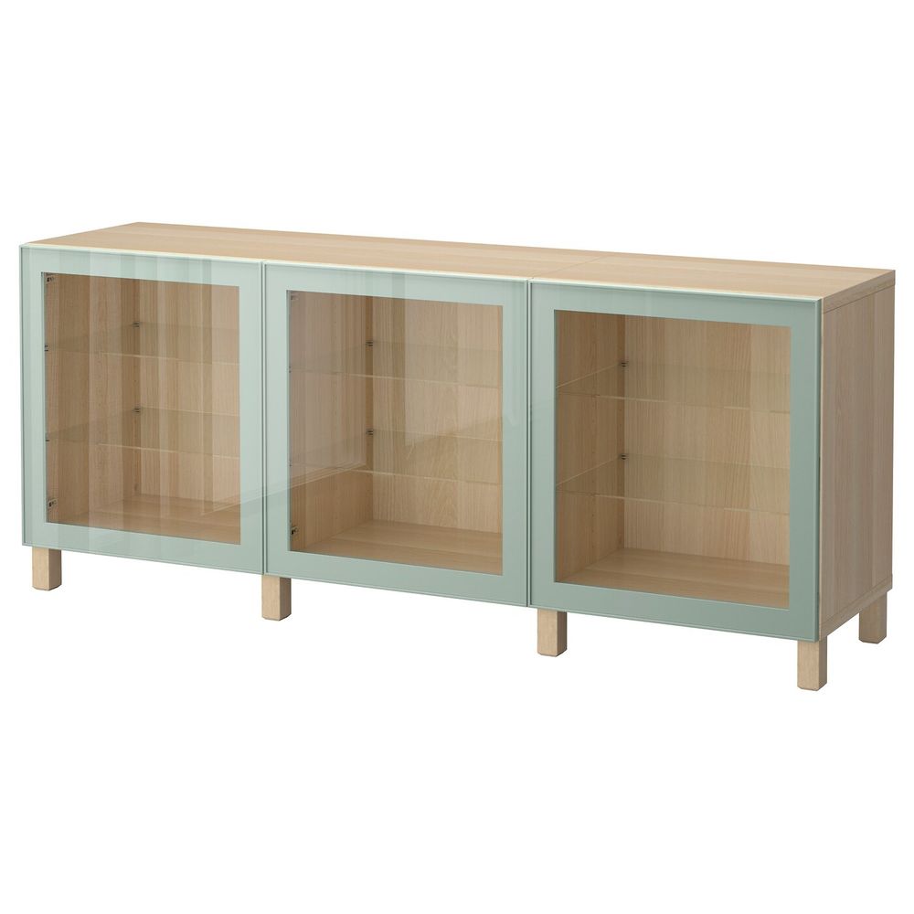 Комбинация для хранения с дверцами, под беленый дуб Глассвик, глянцевый/серо-зеленый светлый прозрачное стекло, 180x40x74 см - схема-чертеж с размерами