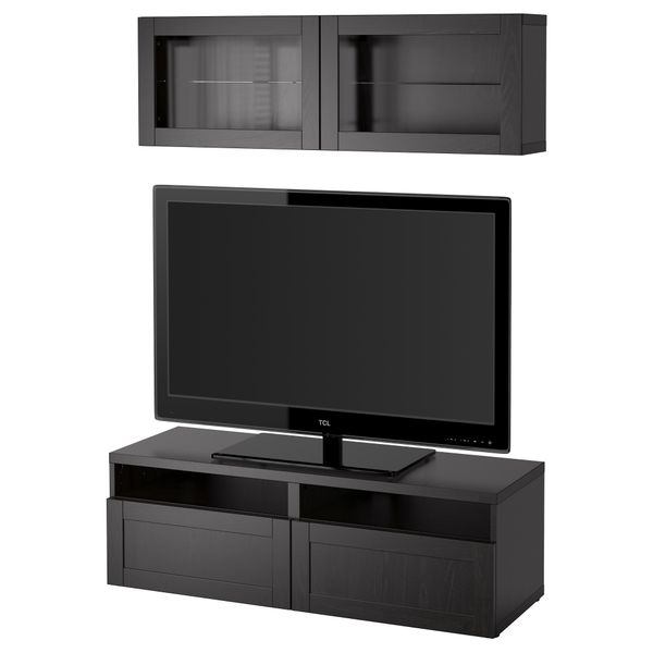 Шкаф для ТВ, комбинированный, стекляные дверцы БЕСТО, Ханвикен, Синдвик черно-коричневый прозрачное стекло (120x20/40x166 см) - фото 1