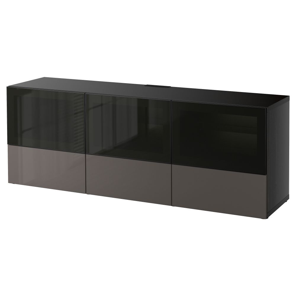 Тумба под ТВ, с дверцами и ящиками БЕСТО, черно-коричневый, Сельсвикен глянцевый/серый дымчатое стекло (180x40x64 см) - фото 1