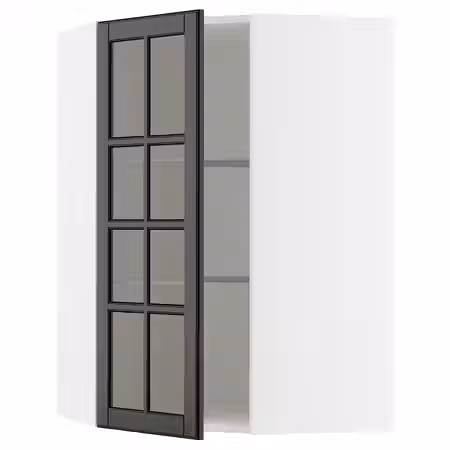 METOD Углов навесн шкаф с полками/сткл дв - белый/Bodbyn чёрный 68x100 см