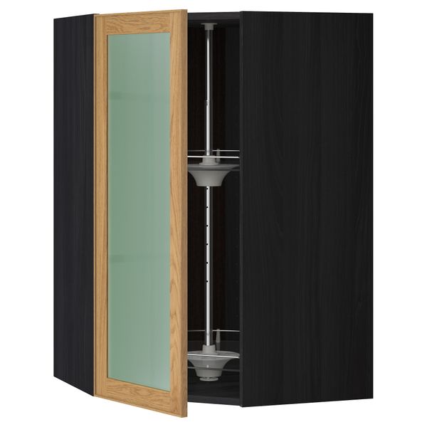 Угловой навесной шкаф с вращающающейся секцией, стеклянными дверцами МЕТОД, черный, Экестад дуб - схема-чертеж с размерами