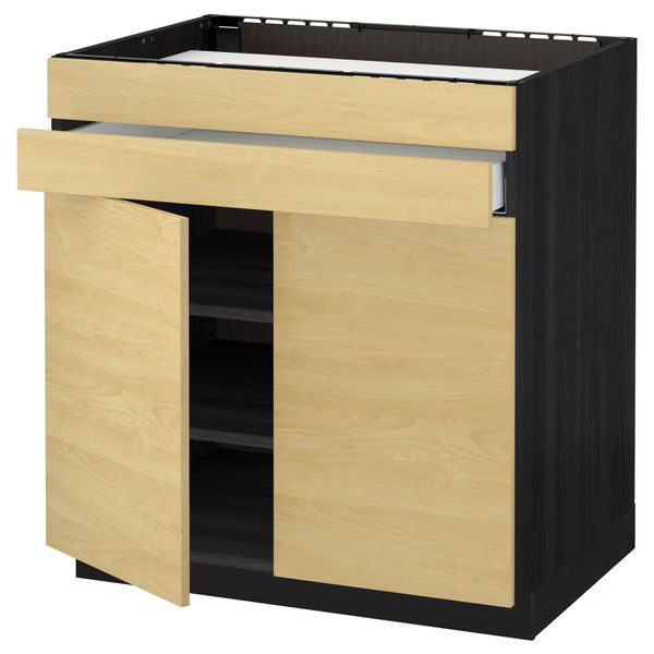 Напольный шкаф для варочной панели, 2 ящика, 2 фасада, 1 ящик МЕТОД / МАКСИМЕРА, черный, Тингсрид береза (80x60 см) - схема-чертеж с размерами