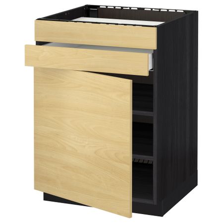 Напольный шкаф для варочной панели, доводчик, 2 фасада, 1 ящик МЕТОД / МАКСИМЕРА, черный, Тингсрид береза (60x60 см)