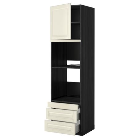 Высокий шкаф для духовки комбинированный, духовка + дверца, 3 ящика МЕТОД / ФОРВАРА, черный, Будбин белый с оттенком