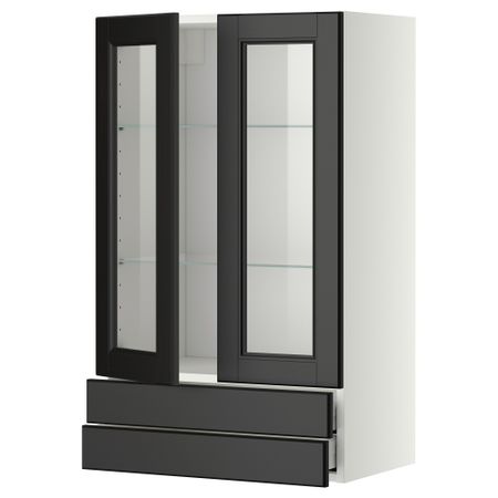 Навесной шкаф, 2 стеклянные дверцы, 2 ящика МЕТОД / МАКСИМЕРА, белый, Лаксарби черно-коричневый