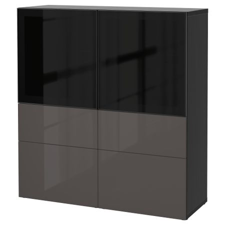 Комбинация для хранения со стеклянными дверцами БЕСТО, черно-коричневый, Сельсвикен глянцевый/серый дымчатое стекло (120x40x128