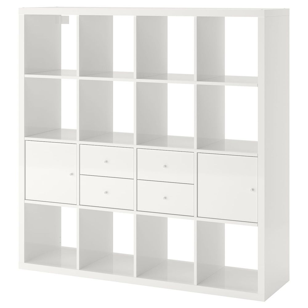 Стеллаж с 4 вставками, глянцевый, белый 147x147 см IKEA KALLAX КАЛЛАКС 192.783.33 - фото 1
