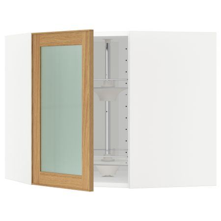 Угловой навесной шкаф с вращающающейся секцией, стеклянными дверцами МЕТОД, белый, Экестад дуб