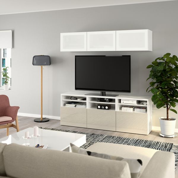 Шкаф для ТВ, комбинированный, стекляные дверцы, белый/Сельсвикен глянцевый, бежевый матовое стекло 180x42x192 см IKEA BESTÅ - фото 6