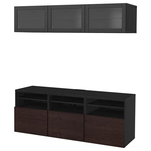 Шкаф для ТВ, комбинированный, стекляные дверцы БЕСТО, черно-коричневый Инвикен, Синдвик черно-коричневый прозрачное стекло - фото 1