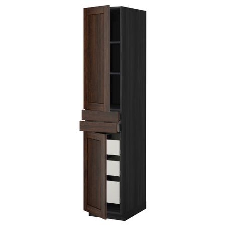 Высокий шкаф + полки, 5 ящиков, 2 дверцы, 2 фронтальных МЕТОД / МАКСИМЕРА, черный, Эдсерум коричневый