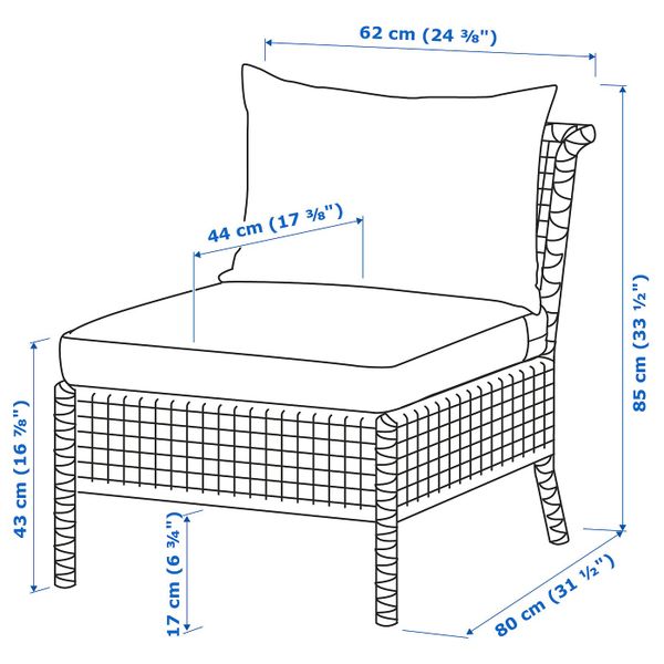 Садовое легкое кресло, черно-коричневый/Холло бежевый 62x80x85 см IKEA КУНГСХОЛЬМЕН 292.288.04 - схема-чертеж с размерами
