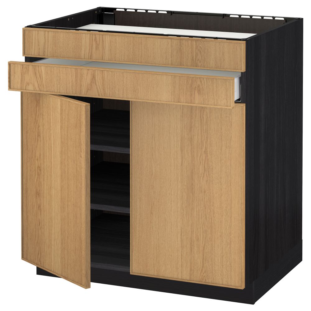 Напольный шкаф для варочной панели, 2 ящика, 2 фасада, 1 ящик МЕТОД / МАКСИМЕРА, черный, Экестад дуб (80x60 см) - схема-чертеж с размерами