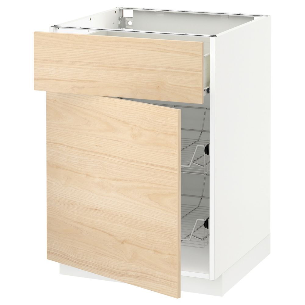 Напольный шкаф с проволочной корзиной/ящ/дверью, белый/Аскерсунд под светлый ясень 60x60 см IKEA МЕТОД / ФОРВАРА 592.187.28 - фото 1