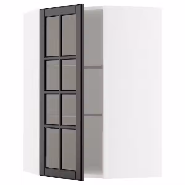 METOD Углов навесн шкаф с полками/сткл дв - белый/Bodbyn чёрный 68x100 см - фото 1