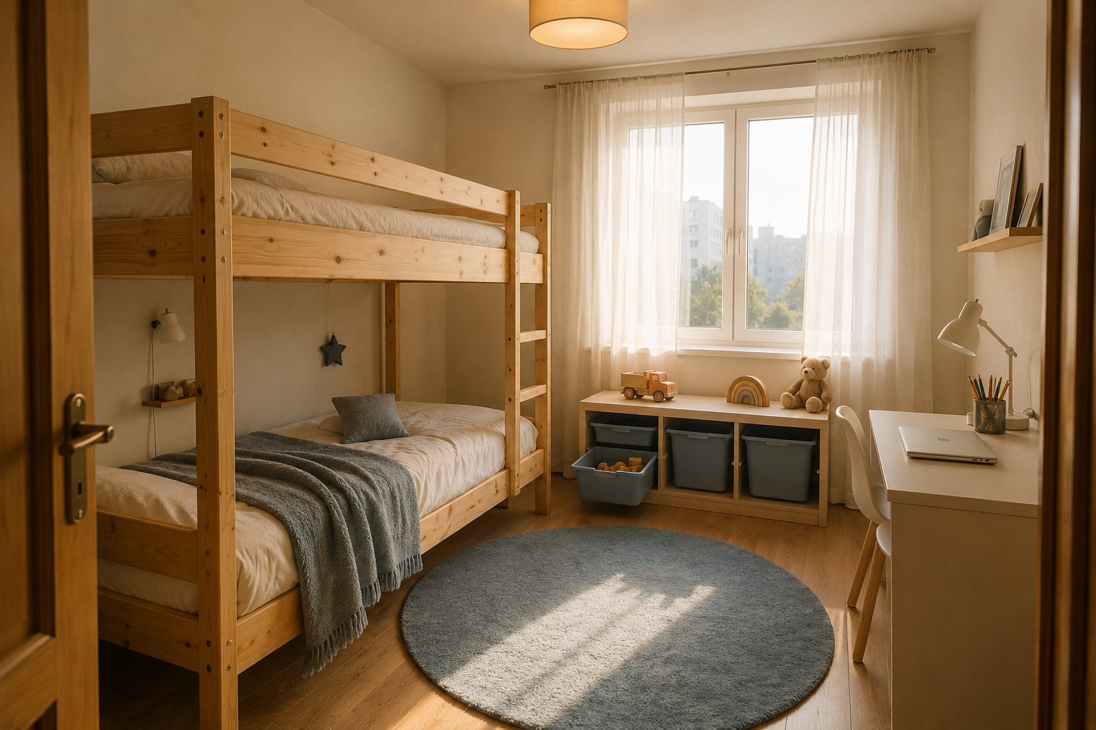 Детская комната 16 м² для двоих детей: двухъярусная кровать MYDAL, стол MICKE, система хранения TROFAST — зонирование для детей 4 и 7 лет