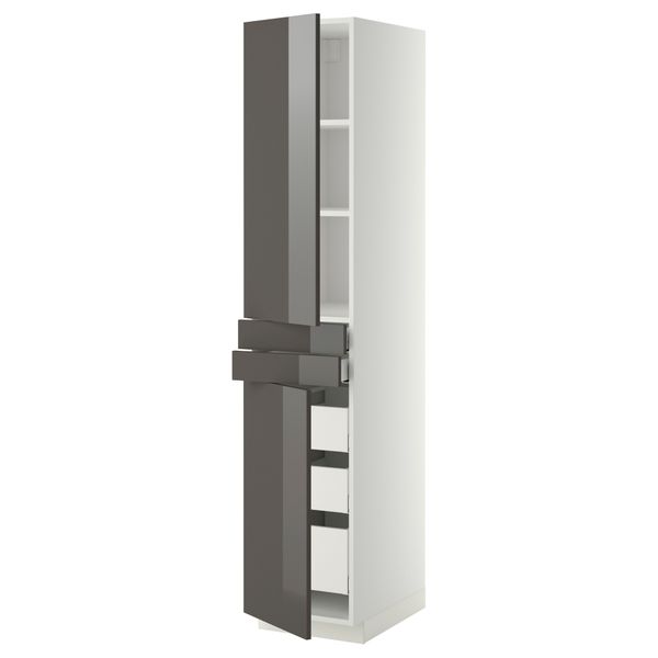 Высокий шкаф + полки, 5 ящиков, 2 дверцы, 2 фронтальных МЕТОД / МАКСИМЕРА, белый, Рингульт серый - фото 1