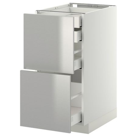 Напольный шкаф 2 фронтальные панели, 2 нижних, 1 средний, 1 высокий ящик МЕТОД / МАКСИМЕРА, белый, Гревста нержавеющ сталь