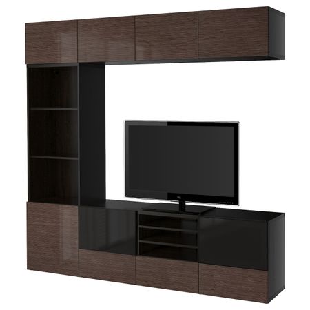 Шкаф для ТВ, комбинированный, стекляные дверцы, черно-коричневый/Сельсвикен глянцевый, коричневый дымчат стекло 240x40x230 см