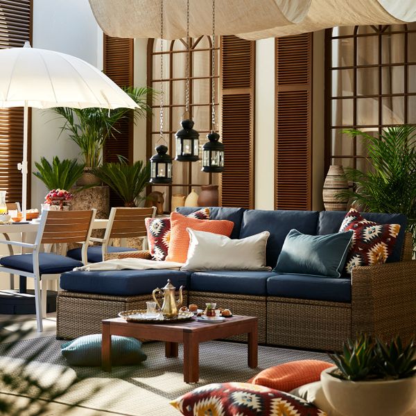 3-местный модульный диван, садовый, с табуретом для ног коричневый/ФРЁСЁН/ДУВХОЛЬМЕН синий 223x144x88 см IKEA SOLLERÖN СОЛЛЕРОН - фото 2