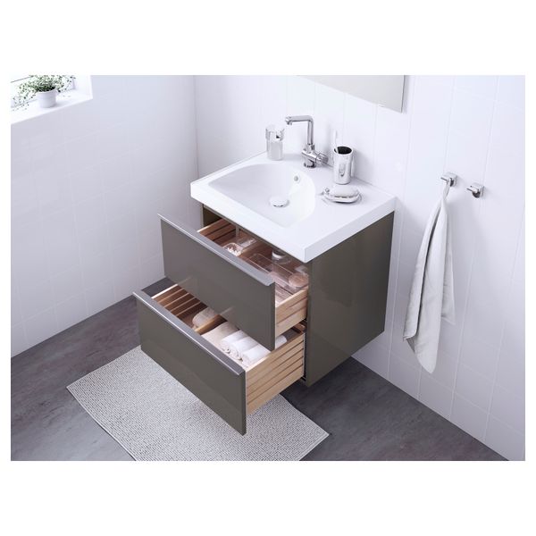 Шкаф для раковины с 2 ящиками ГОДМОРГОН / ЭДЕБОВИКЕН, глянцевый серый (60x49x64 см) - фото 3