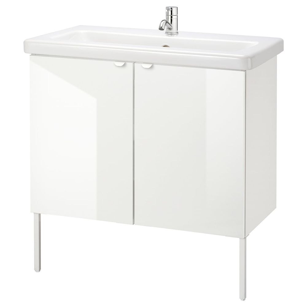 Шкаф под раковину с 2 дверец, глянцевый белый/ПИЛКОН смеситель 84x43x88 см IKEA FISKÅN ФИСКОН / TVÄLLEN ТВЭЛЛЕН 994.304.40 - фото 1