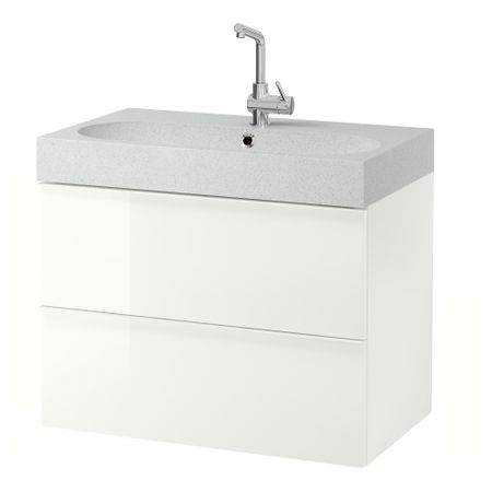Шкаф для раковины с 2 ящиками ГОДМОРГОН / БРОВИКЕН, глянцевый белый, светло-серый (80x49x68 см)