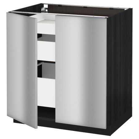 Напольный шкаф с 2 дверцами, 3 ящиками МЕТОД / МАКСИМЕРА, черный, Гревста нержавеющ сталь (80x60 см)
