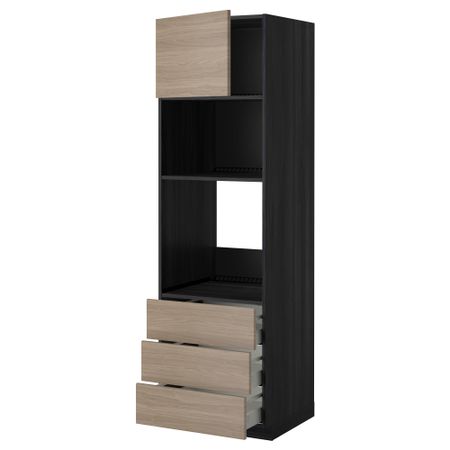 Высокий шкаф для духовки/СВЧ дверца, 3 ящика МЕТОД / МАКСИМЕРА, черный, Брокхульт светло-серый