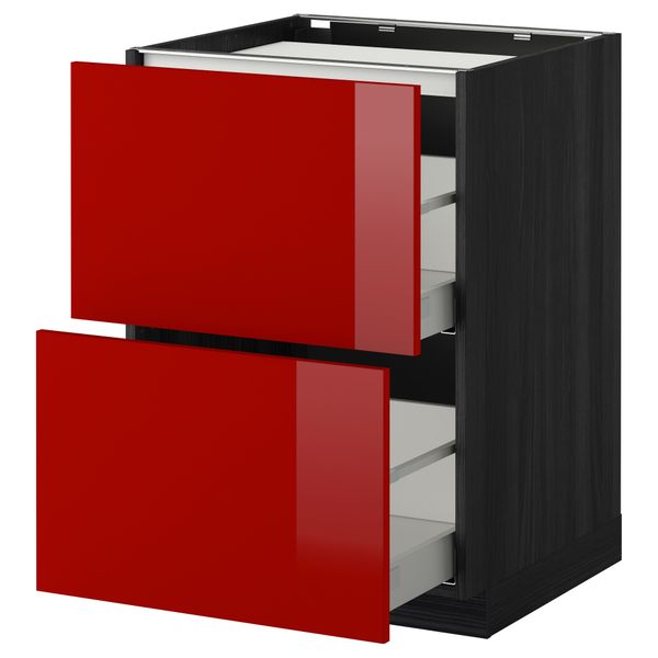 Напольный шкаф, 2 фронтальных панели, 3 ящика МЕТОД / МАКСИМЕРА, черный, Рингульт красный - схема-чертеж с размерами