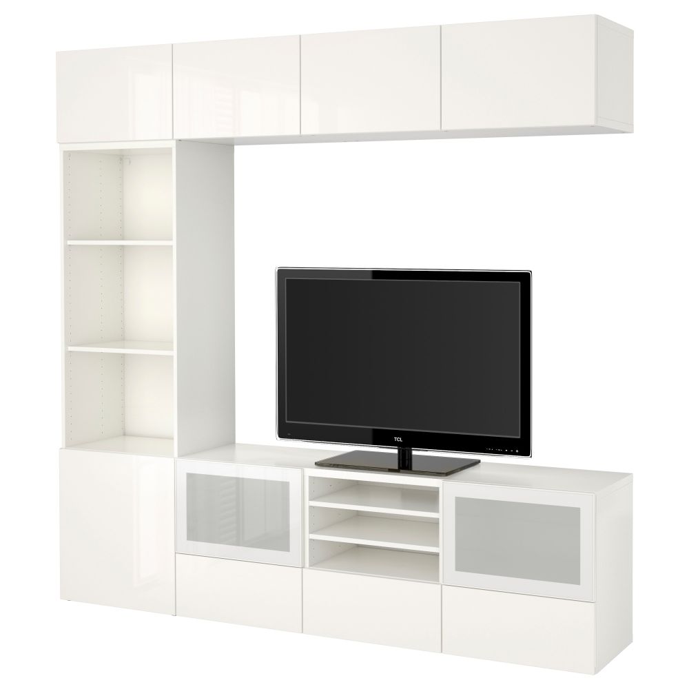 Шкаф для ТВ, комбинированный, стекляные дверцы БЕСТО, белый, Сельсвикен глянцевый/белый матовое стекло (240x40x230 см) - фото 1