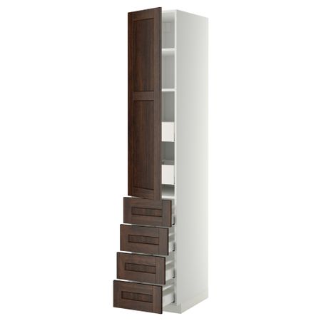 Высокий шкаф с полками/6 ящик, дверцами, 4 фронтальные панели МЕТОД / МАКСИМЕРА, белый, Эдсерум коричневый