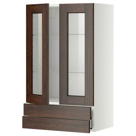 Навесной шкаф, 2 стеклянные дверцы, 2 ящика, белый/Эдсерум коричневый 60x100 см IKEA METOD МЕТОД / MAXIMERA МАКСИМЕРА 392.355.83