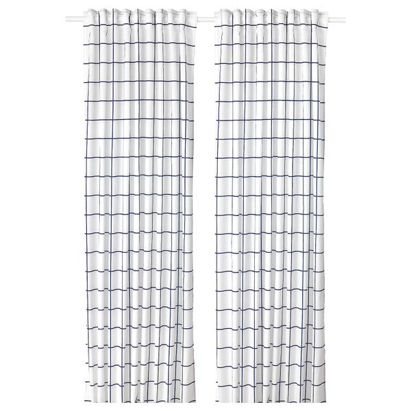 Гардины, 1 пара, белый/синий, 145x300 см IKEA РОЗАЛИЛЛ 804.280.41 - фото 1