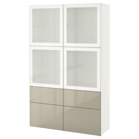 Комбинация для хранения со стеклянными дверцами БЕСТО, белый, Сельсвикен глянцевый/бежевый матовое стекло (120x40x192 см)