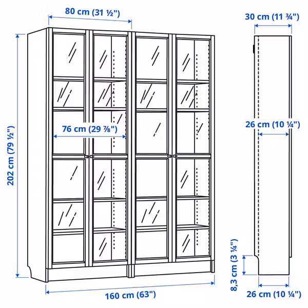 BILLY / OXBERG Стеллаж комбинация/стекл дверцы - чёрный под дуб 160x202 см - схема-чертеж с размерами