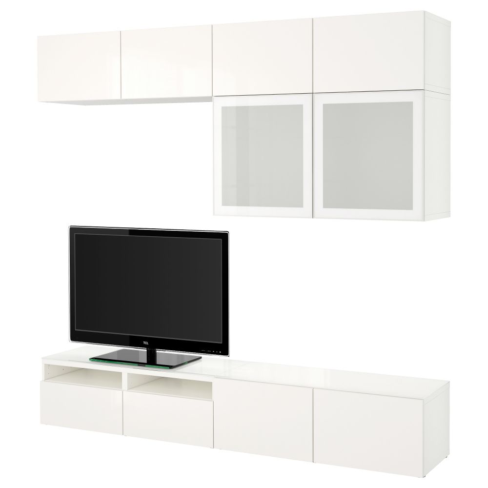 Шкаф для ТВ, комбинированный, стекляные дверцы БЕСТО, белый, Сельсвикен глянцевый/белый матовое стекло (240x40x230 см) - фото 1