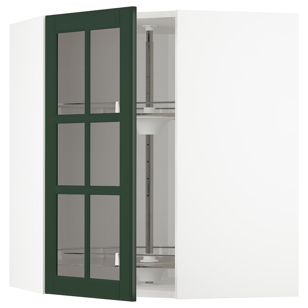 Угловой навесной шкаф с вращающейся секция, стеклянная дв, белый/Будбин темно-зеленый 68x80 см IKEA METOD МЕТОД 993.123.66 - фото 1