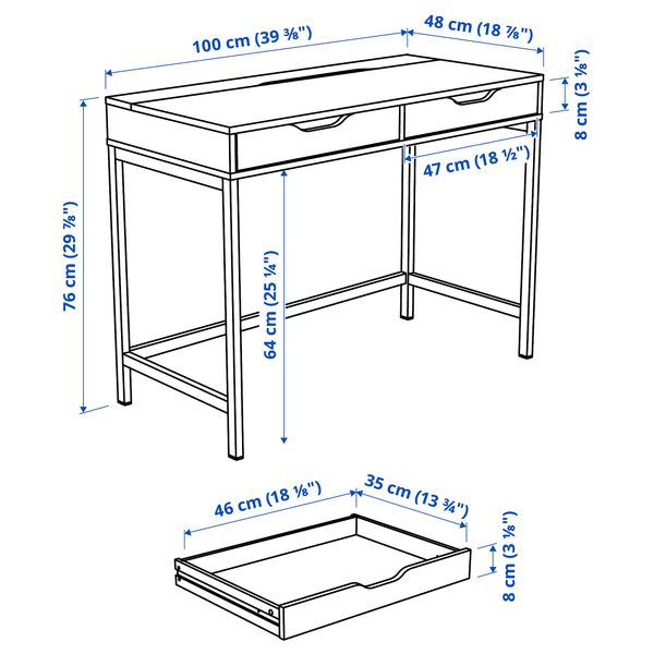 Письменный стол, серо-бирюзовый, 100x48 см IKEA ALEX АЛЕКС 204.838.08 - схема-чертеж с размерами