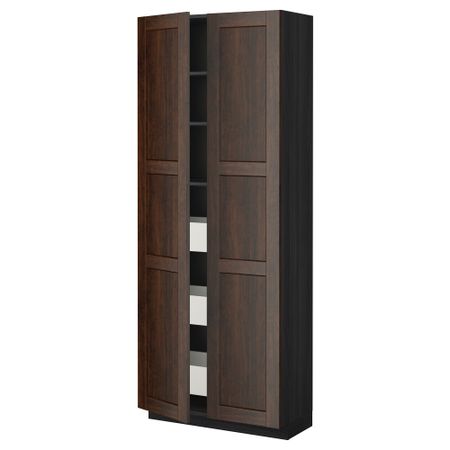 Высокий шкаф с ящиками, 2 дверцы МЕТОД / МАКСИМЕРА, черный, Эдсерум коричневый (80x37x200 см)