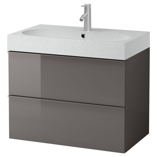 Шкаф для раковины с 2 ящиками ГОДМОРГОН / БРОВИКЕН, глянцевый серый, светло-серый (80x49x68 см) - фото 2