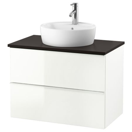 Шкаф п-раковину/столешн45/раковина ГОДМОРГОН/ТОЛКЕН / ТОРНВИКЕН, глянцевый белый, антрацит (82x49x74 см)