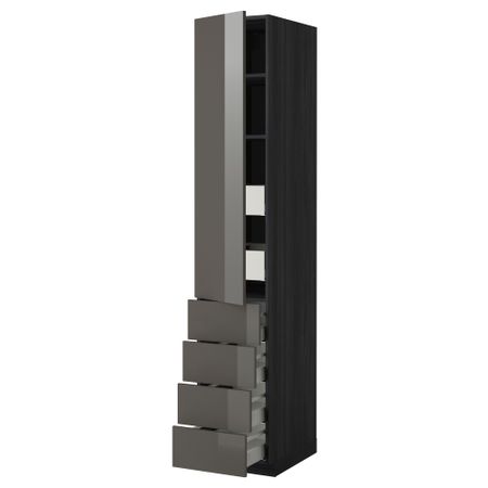 Высокий шкаф с полками/6 ящик, дверцами, 4 фронтальные панели МЕТОД / МАКСИМЕРА, черный, Рингульт серый