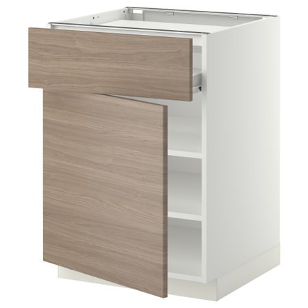 Напольный шкаф для варочной панели, ящик, полка, дверцы МЕТОД / ФОРВАРА, белый, Брокхульт светло-серый (60x60 см)