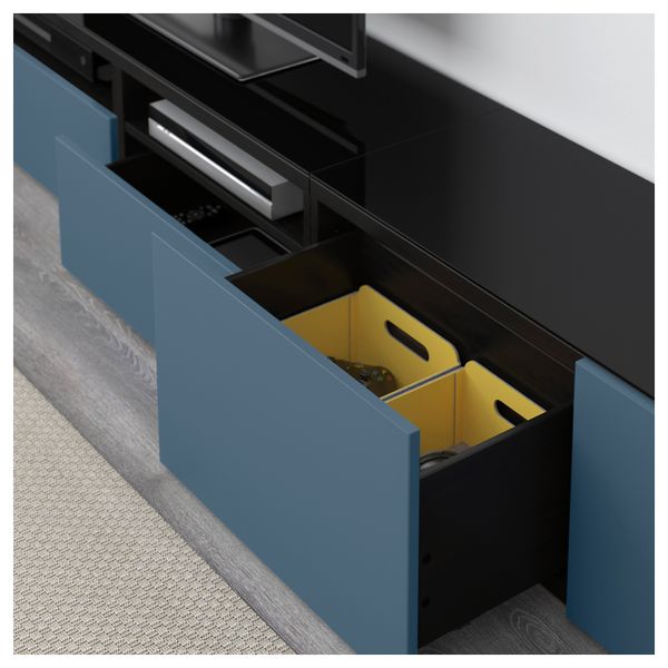 Шкаф для ТВ, комбинированный, стекляные дверцы БЕСТО, черно-коричневый Вальвикен, темно-синий прозрачное стекло (240x40x230 см) - фото 3