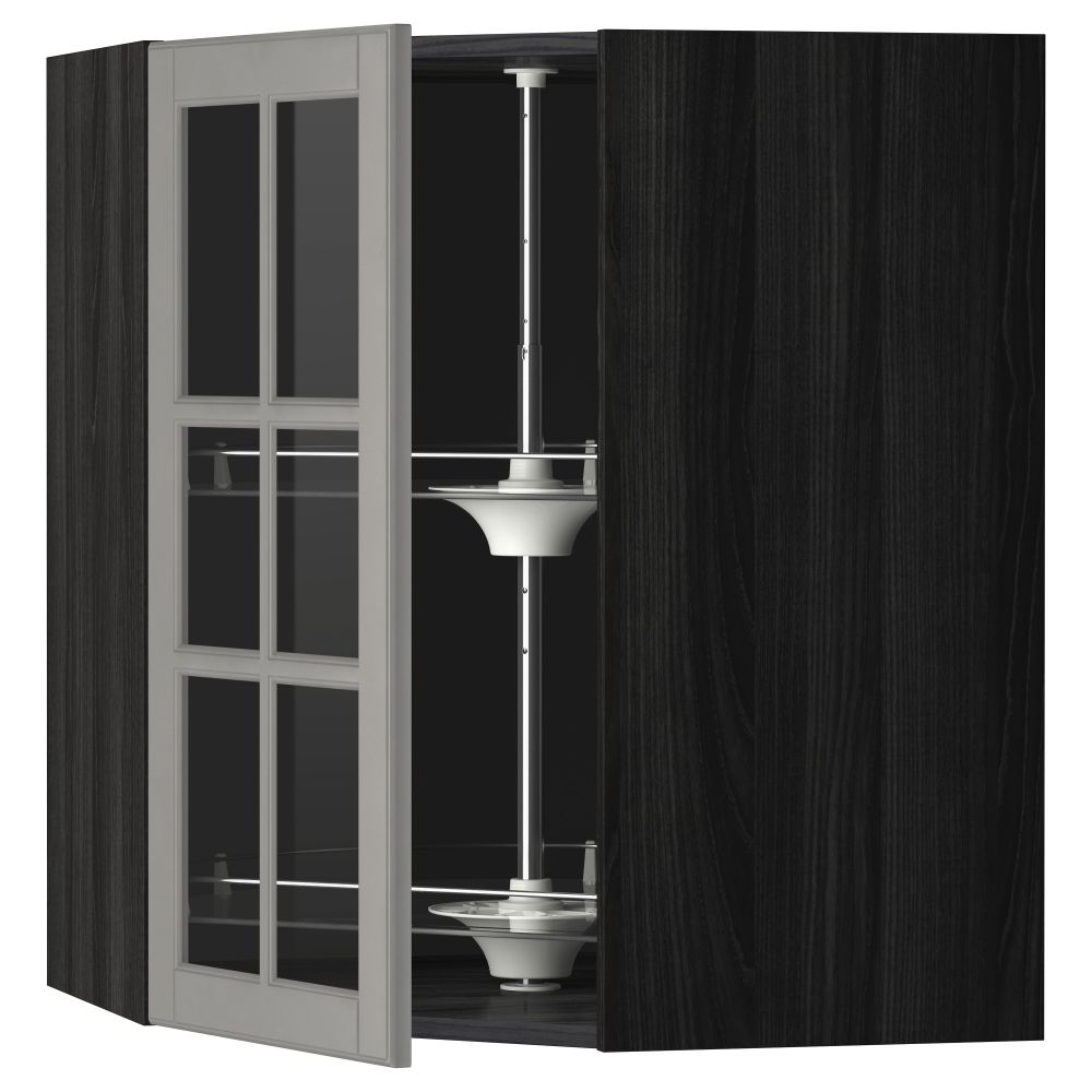 Угловой навесной шкаф с вращающающейся секцией, стеклянными дверцами МЕТОД, черный, Будбин серый - схема-чертеж с размерами