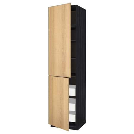 Высокий шкаф + полки, 3 ящика, 2 дверцы МЕТОД / МАКСИМЕРА, черный, Экестад дуб