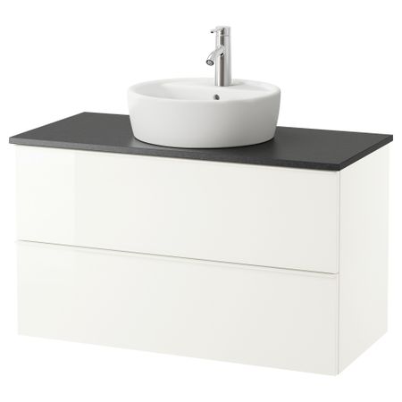 Шкаф п-раковину/столешн45/раковина ГОДМОРГОН/АЛДЕРН / ТОРНВИКЕН, глянцевый белый, черный (102x49x74 см)
